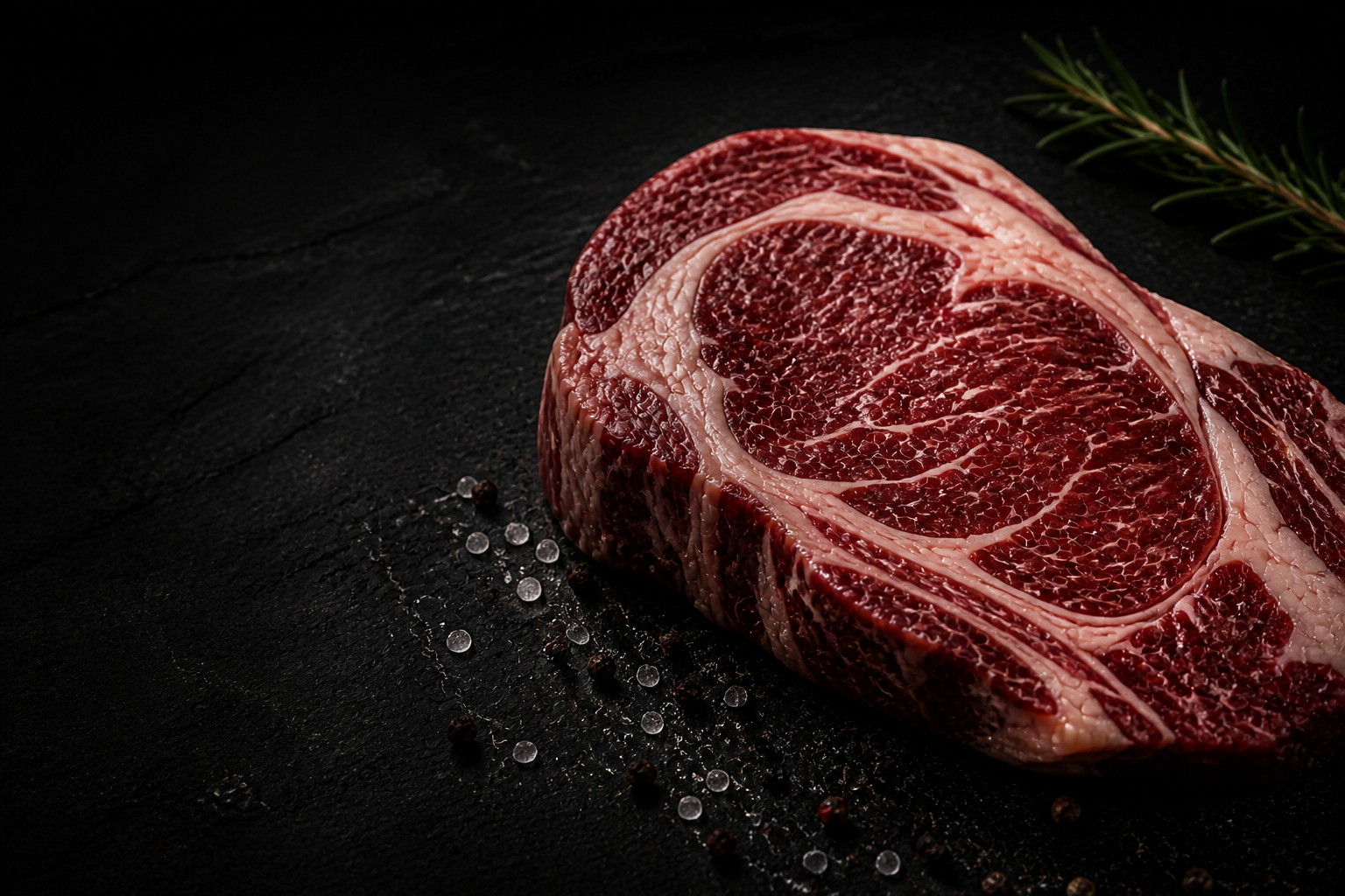 Ribeye Angus con marmoleo sobre tabla negra